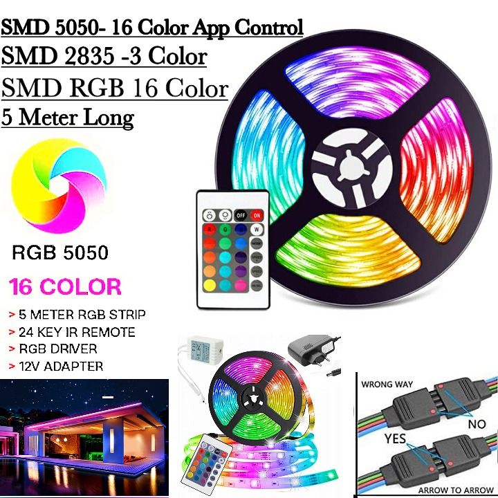 16 FT RGB Strip Light – Remote – Adapter – 16 Color
